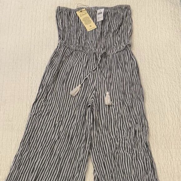 NWT ELAN Charcoal/White Striped Strapless Wide Leg Cover-Up Jumpsuit - Picture 1 of 3